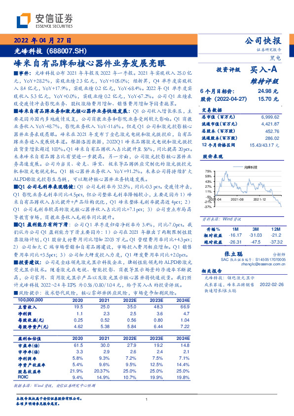 峰米自有品牌和核心器件业务发展亮眼