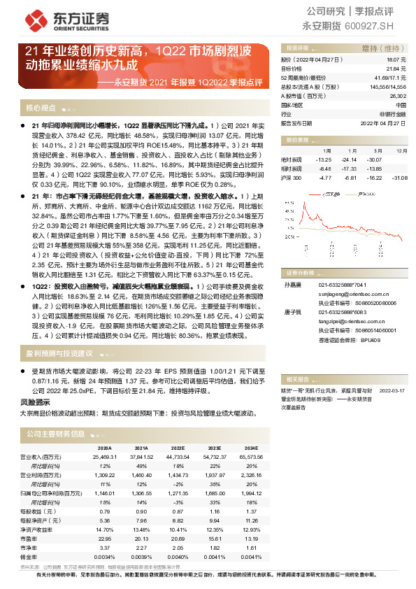 永安期货2021年报暨1Q2022季报点评：21年业绩创历史新高，1Q22市场剧烈波动拖累业绩缩水九成