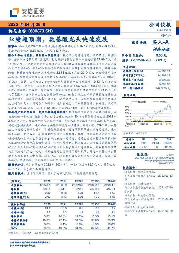 业绩超预期，氨基酸龙头快速发展