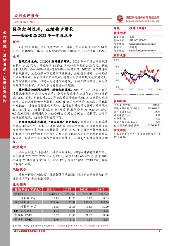 洽洽食品2022年一季报点评：提价红利显现，业绩稳步增长