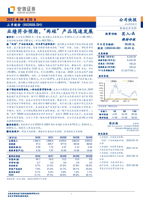 业绩符合预期，“两硅”产品迅速发展