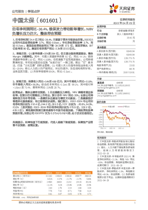 归母净利润同比-36.4%，银保发力带动新单增长，NBV负增长压力仍大，整体符合预期
