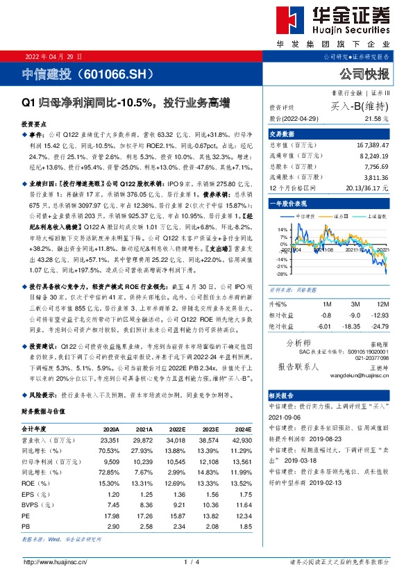 Q1归母净利润同比-10.5%，投行业务高增
