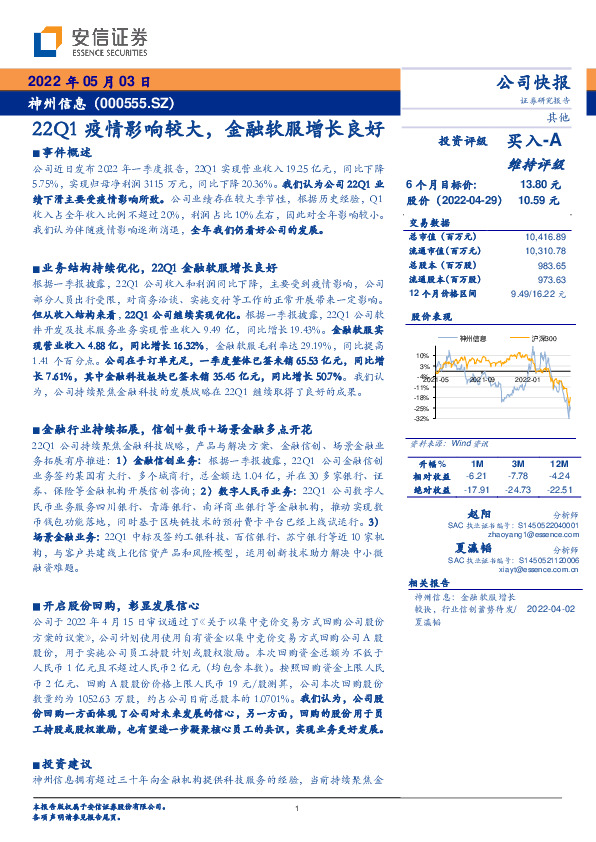 22Q1疫情影响较大，金融软服增长良好