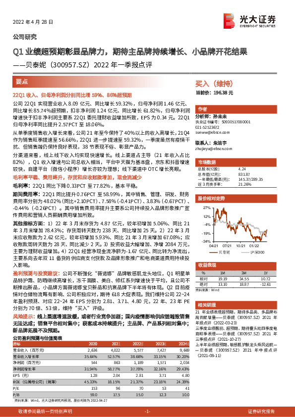 2022年一季报点评：Q1业绩超预期彰显品牌力，期待主品牌持续增长、小品牌开花结果