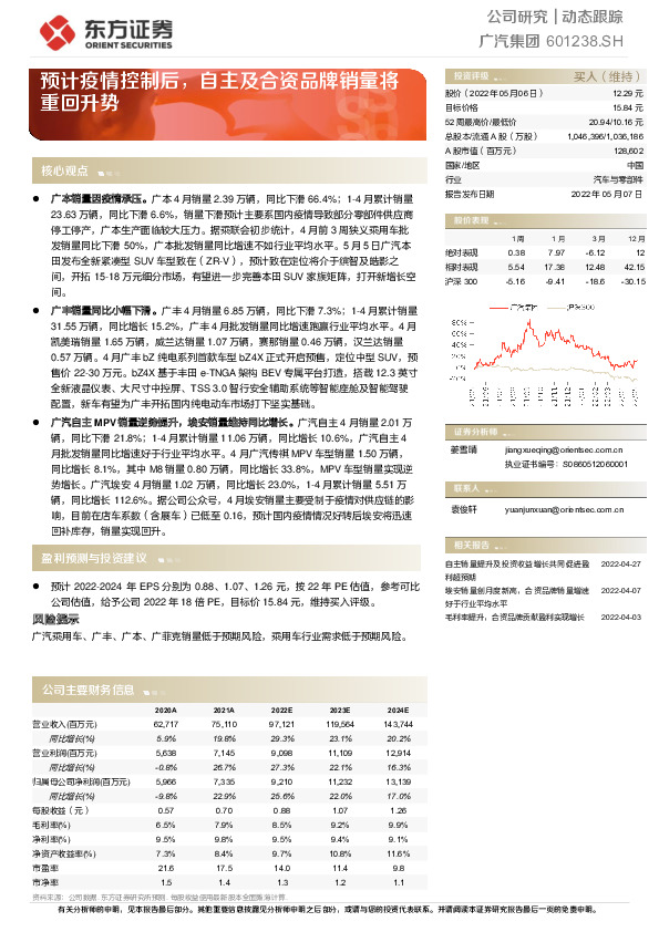 预计疫情控制后，自主及合资品牌销量将重回升势