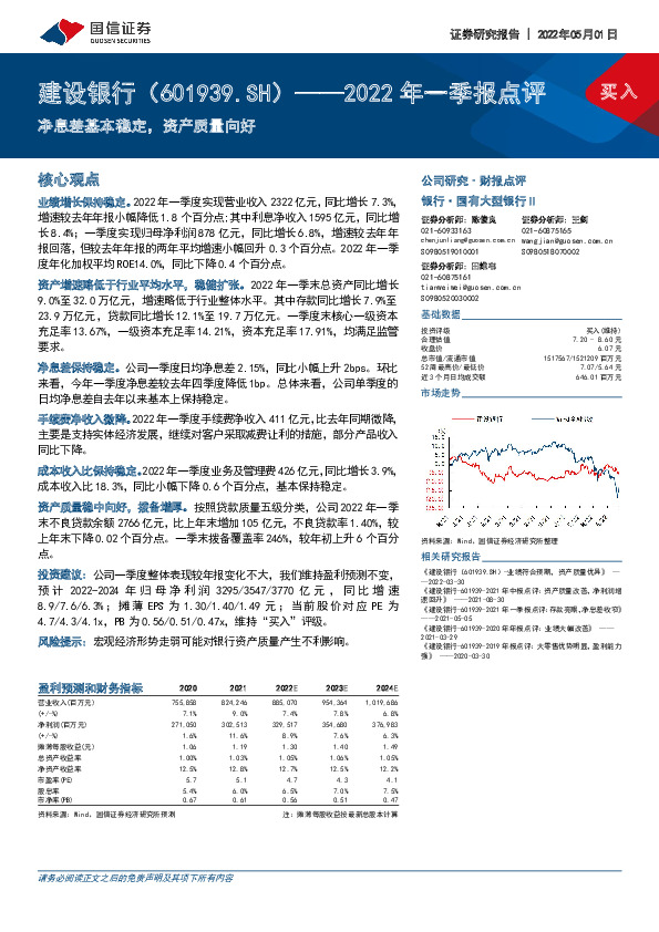 2022年一季报点评：净息差基本稳定，资产质量向好