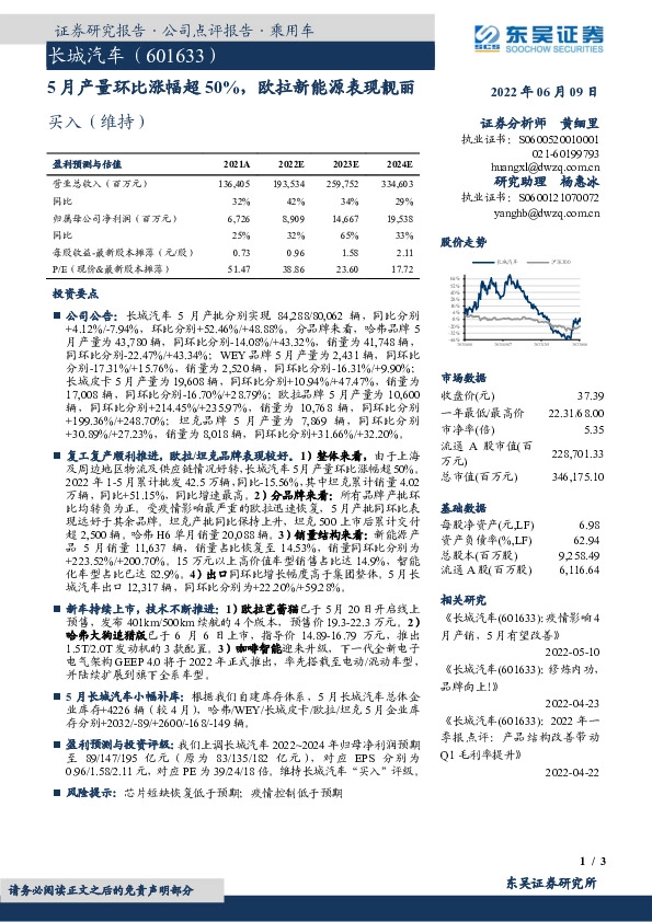 5月产量环比涨幅超50%，欧拉新能源表现靓丽