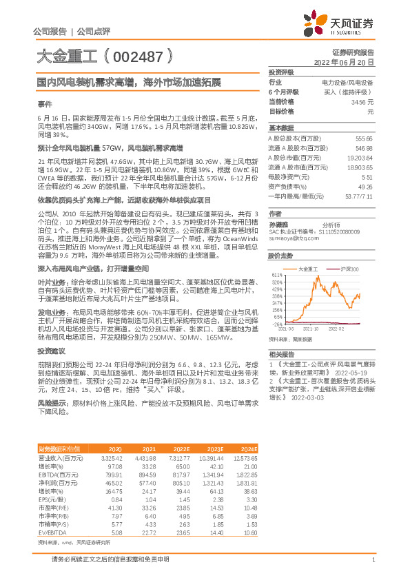 国内风电装机需求高增，海外市场加速拓展