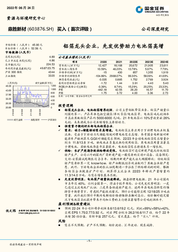 铝箔龙头企业，先发优势助力电池箔高增