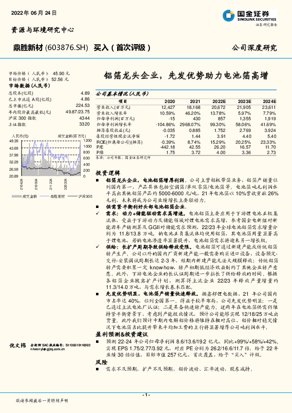 铝箔龙头企业，先发优势助力电池箔高增