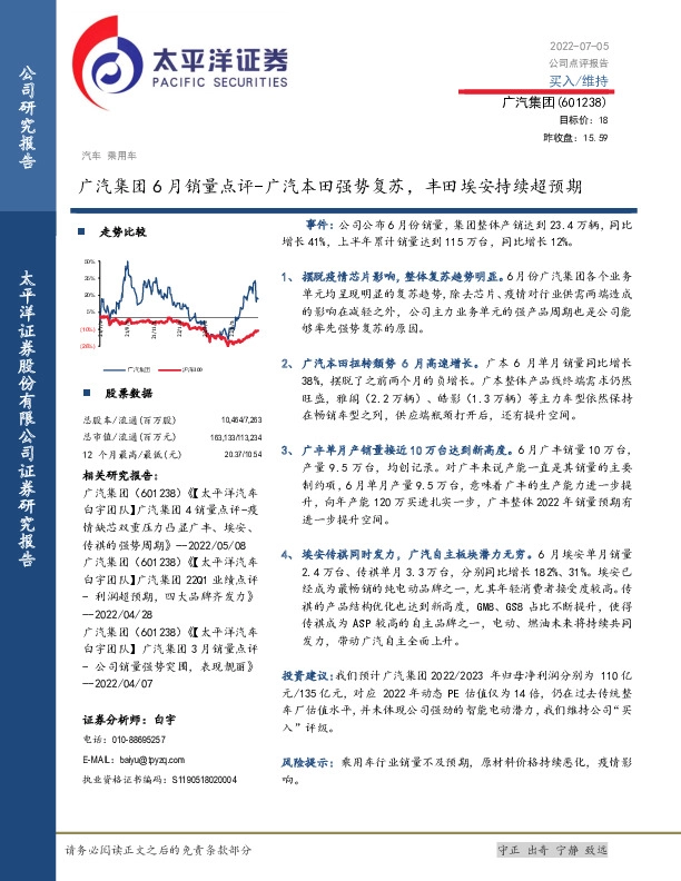广汽集团6月销量点评-广汽本田强势复苏，丰田埃安持续超预期