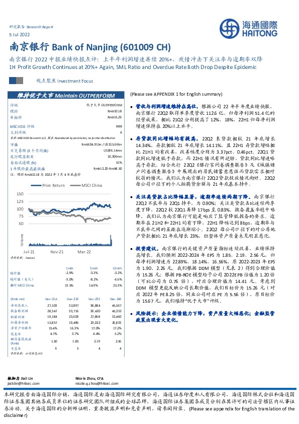 南京银行2022中报业绩快报点评：上半年利润增速再续20%+，疫情冲击下关注率与逾期率双降
