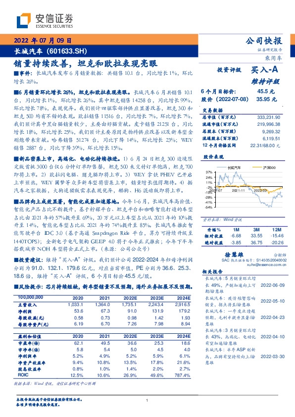 销量持续改善，坦克和欧拉表现亮眼