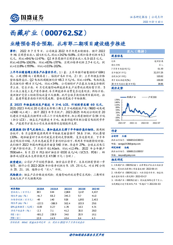 业绩预告符合预期，扎布耶二期项目建设稳步推进