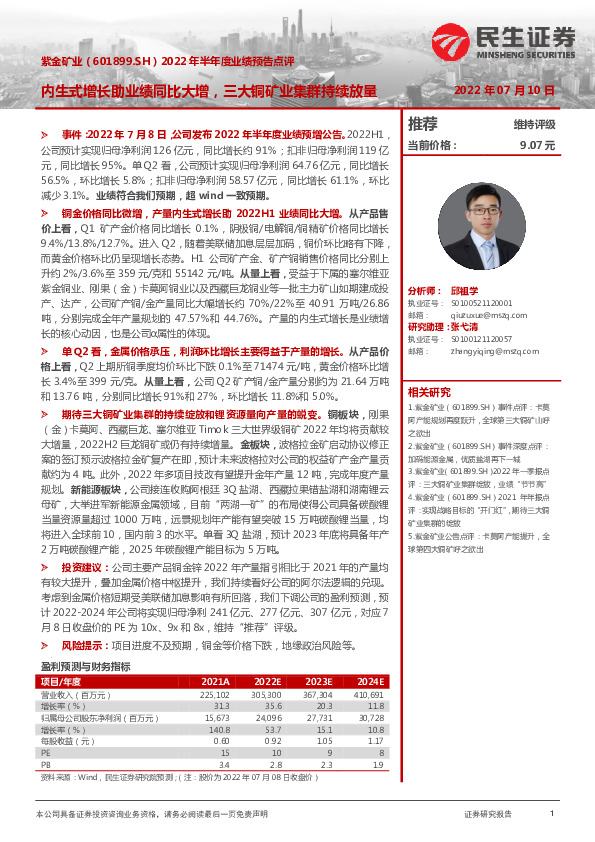 2022年半年度业绩预告点评：内生式增长助业绩同比大增，三大铜矿业集群持续放量