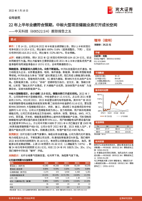 跟踪报告之五：22年上半年业绩符合预期，中标大型项目储能业务打开成长空间