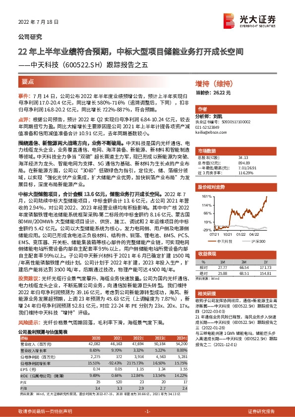 跟踪报告之五：22年上半年业绩符合预期，中标大型项目储能业务打开成长空间