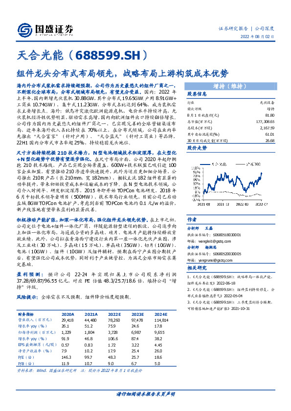 组件龙头分布式布局领先，战略布局上游构筑成本优势