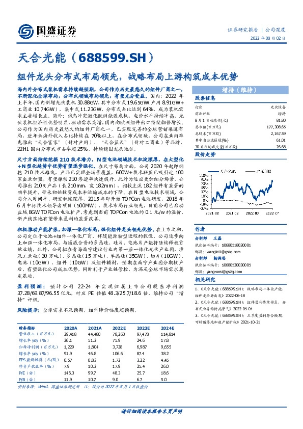 组件龙头分布式布局领先，战略布局上游构筑成本优势