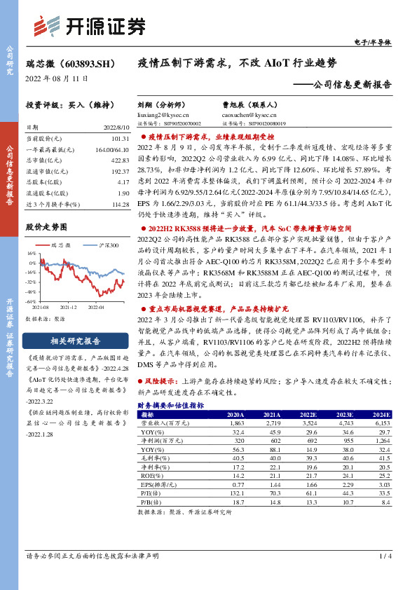 公司信息更新报告：疫情压制下游需求，不改AIoT行业趋势