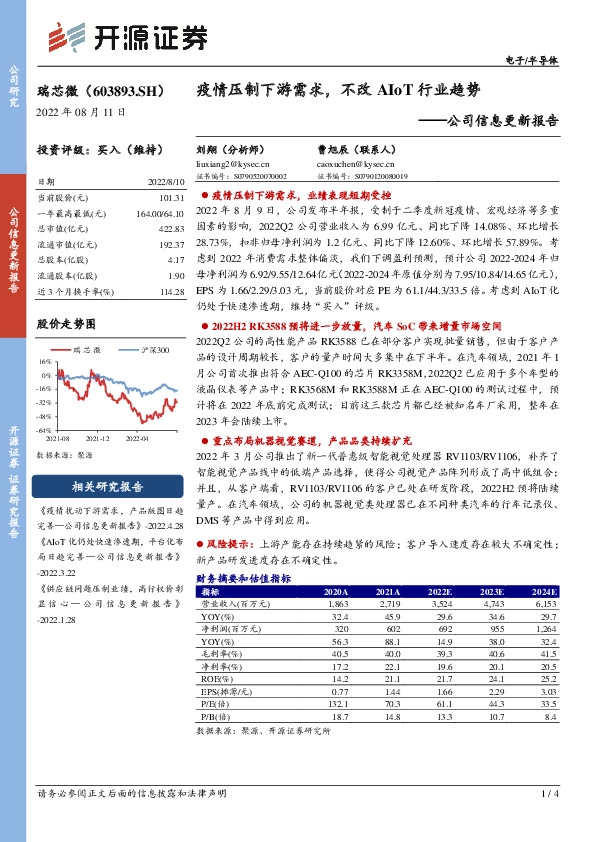 公司信息更新报告：疫情压制下游需求，不改AIoT行业趋势