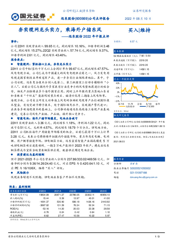 远东股份2022年中报点评：夯实缆网龙头实力，乘海外户储东风