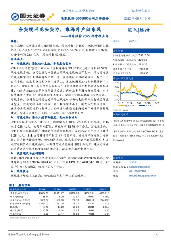 远东股份2022年中报点评：夯实缆网龙头实力，乘海外户储东风