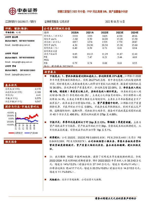 详解江阴银行2022年中报:PPOP同比高增36%、资产质量稳中向好