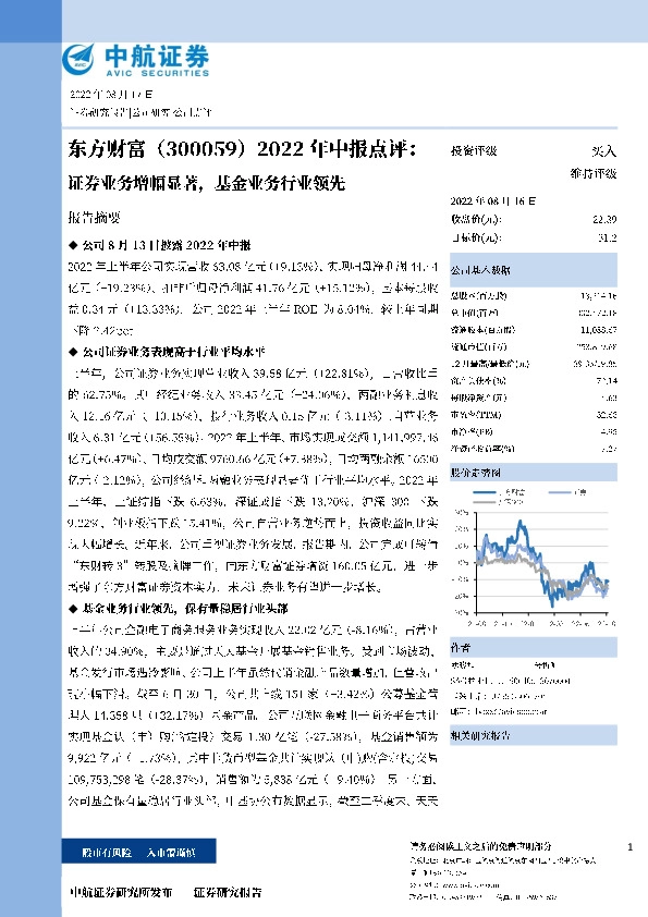 2022年中报点评：证券业务增幅显著，基金业务行业领先