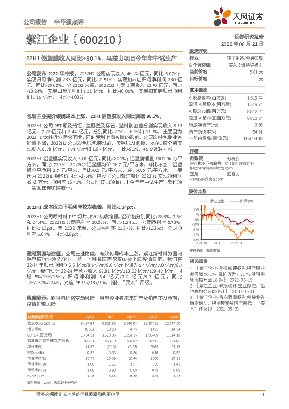 22H1铝塑膜收入同比+80.1%，马鞍山项目今年年中试生产