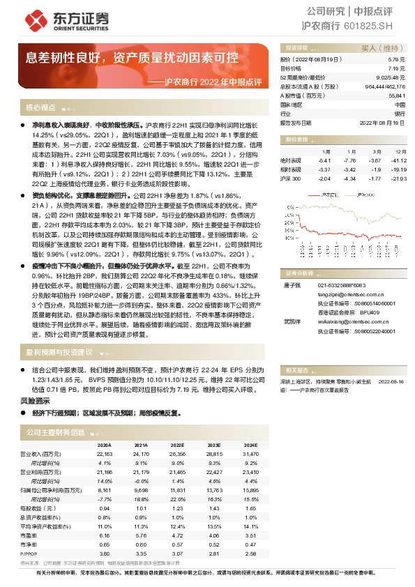 沪农商行2022年中报点评：息差韧性良好，资产质量扰动因素可控