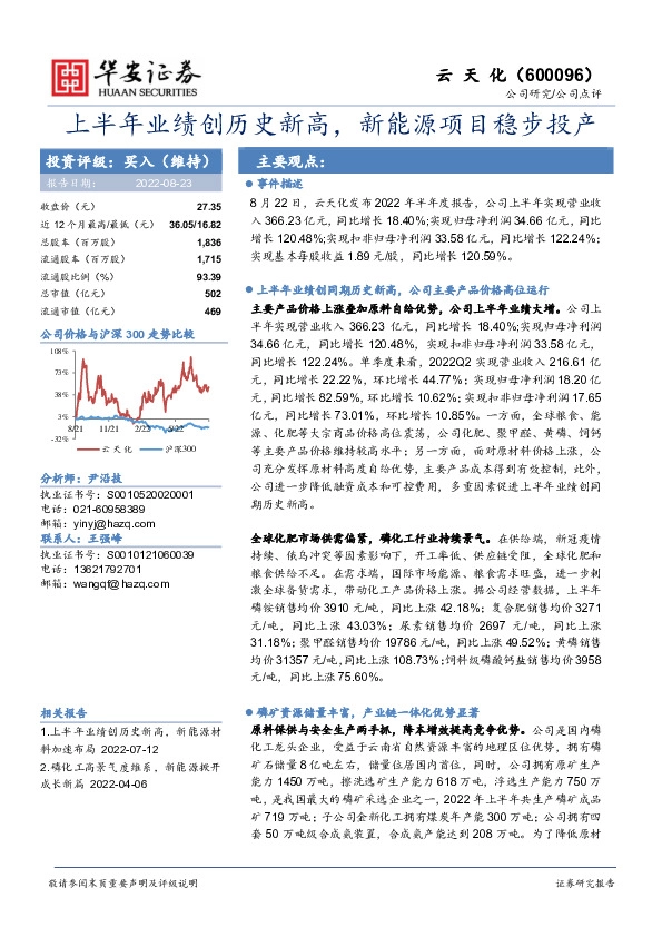上半年业绩创历史新高，新能源项目稳步投产