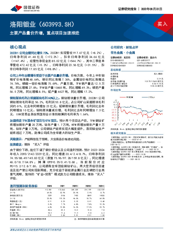 主要产品量价齐增，重点项目加速推进