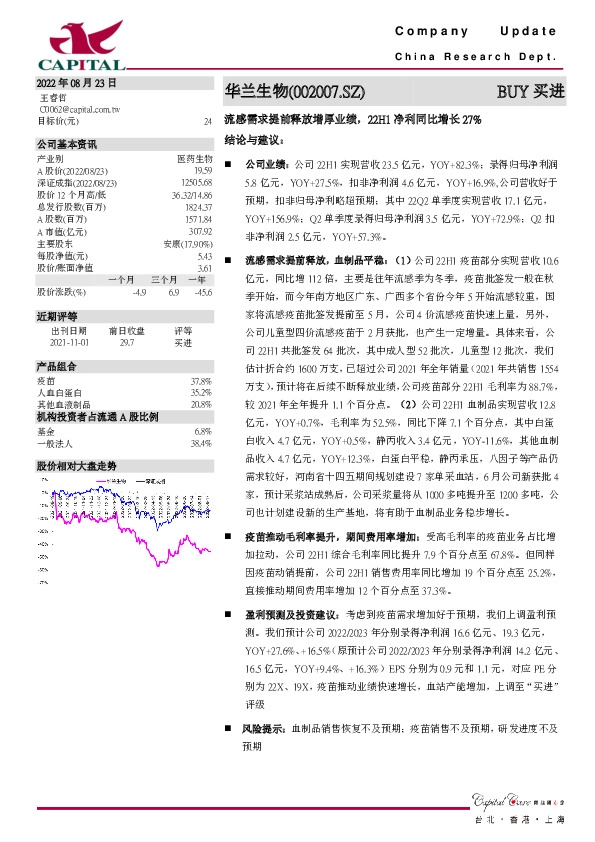 流感需求提前释放增厚业绩，22H1净利同比增长27%