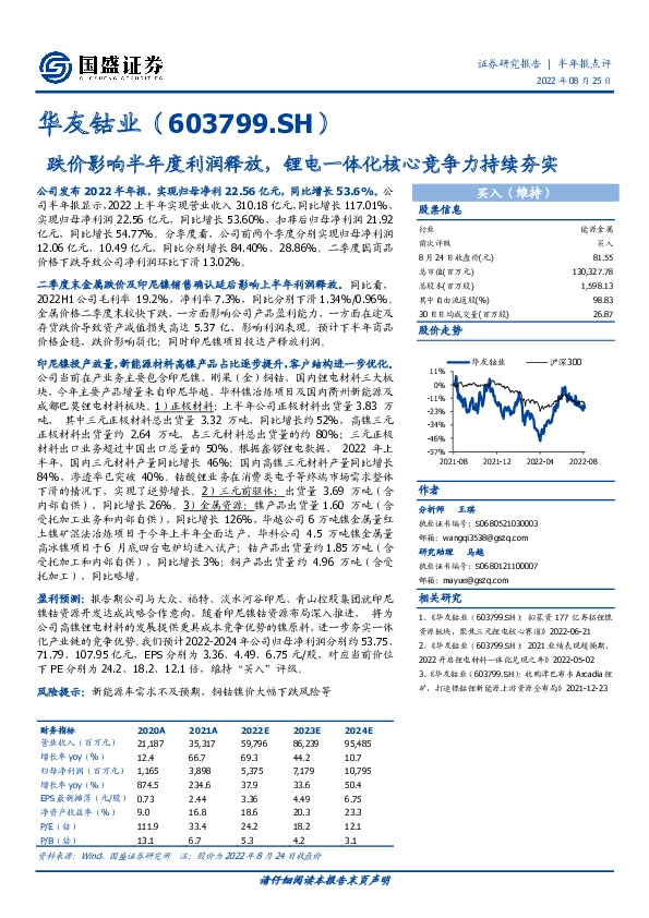 跌价影响半年度利润释放，锂电一体化核心竞争力持续夯实
