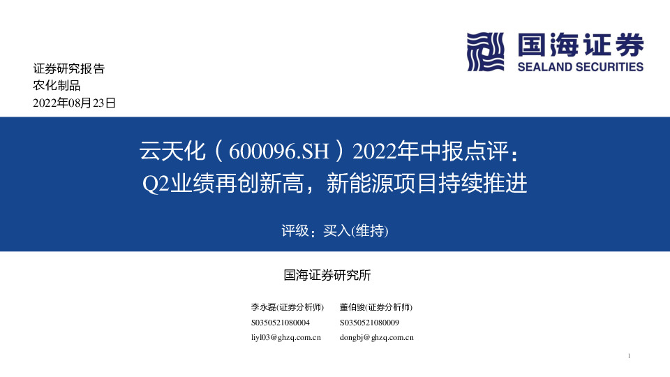 2022年中报点评：Q2业绩再创新高，新能源项目持续推进