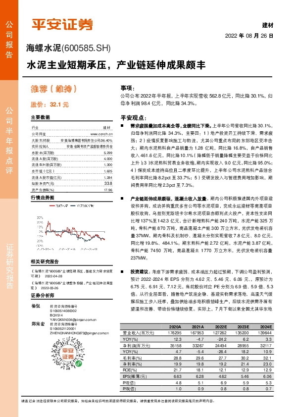 水泥主业短期承压，产业链延伸成果颇丰