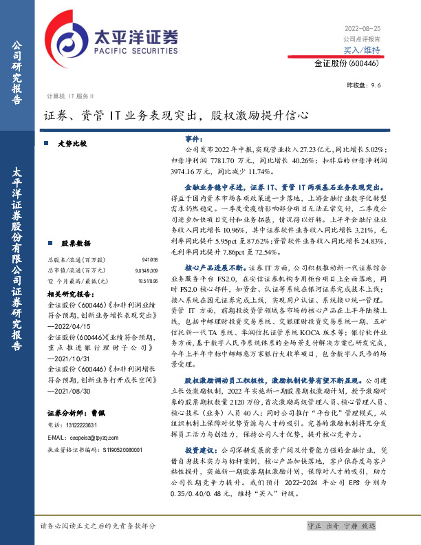 证券、资管IT业务表现突出，股权激励提升信心