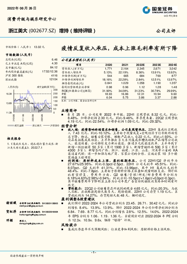 疫情反复收入承压，成本上涨毛利率有所下降
