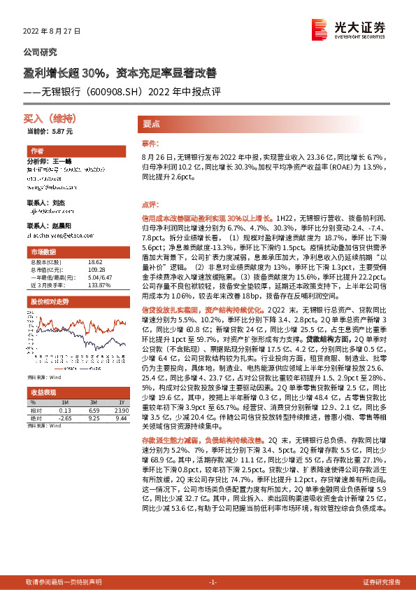 2022年中报点评：盈利增长超30%，资本充足率显著改善