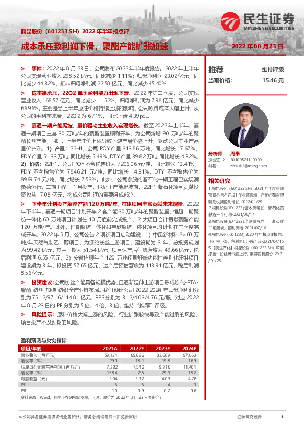 2022年半年报点评：成本承压致利润下滑，聚酯产能扩张加速