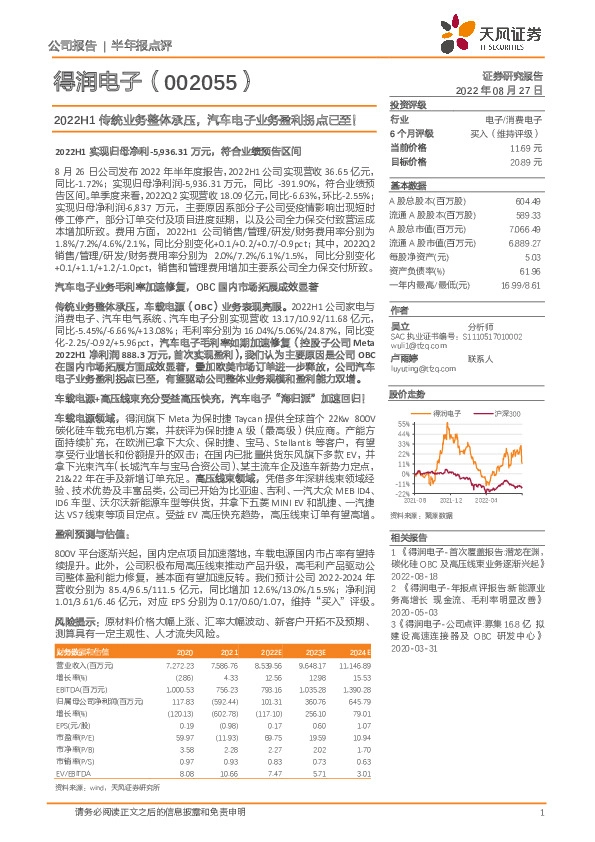 2022H1传统业务整体承压，汽车电子业务盈利拐点已至！
