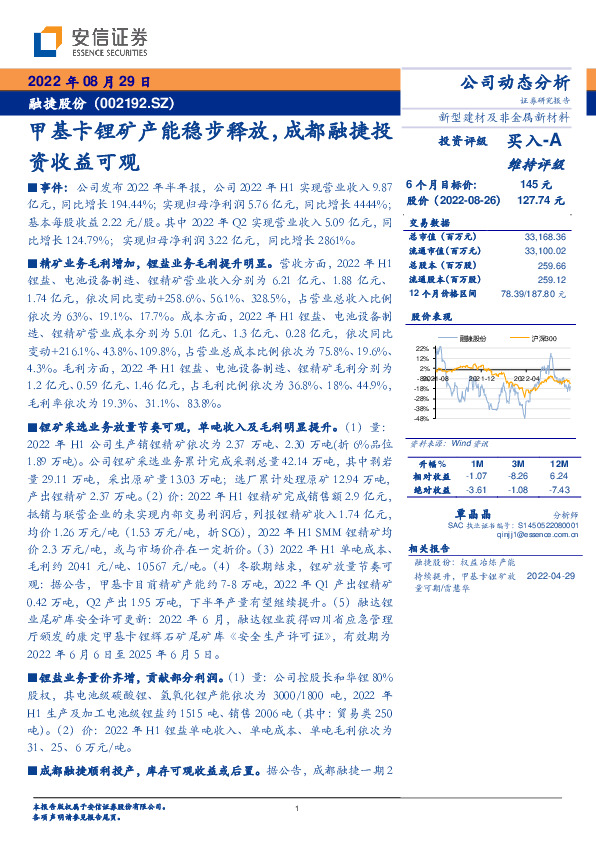 甲基卡锂矿产能稳步释放，成都融捷投资收益可观
