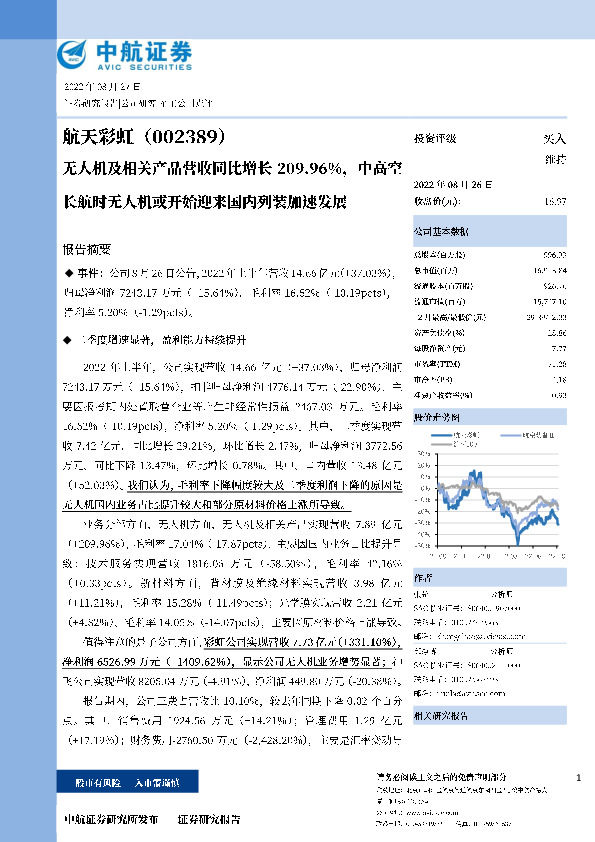 2022年中报点评：无人机及相关产品营收同比增长209.96%，中高空长航时无人机或开始迎来国内列装加速发展