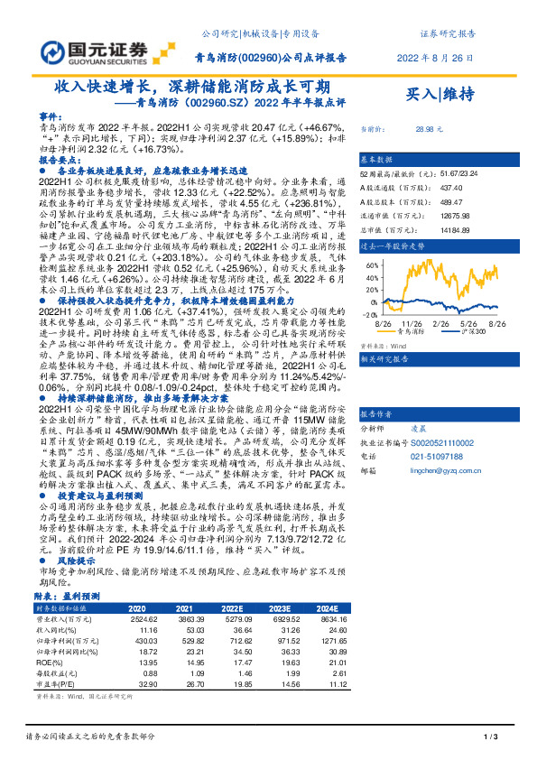2022年半年报点评：收入快速增长，深耕储能消防成长可期