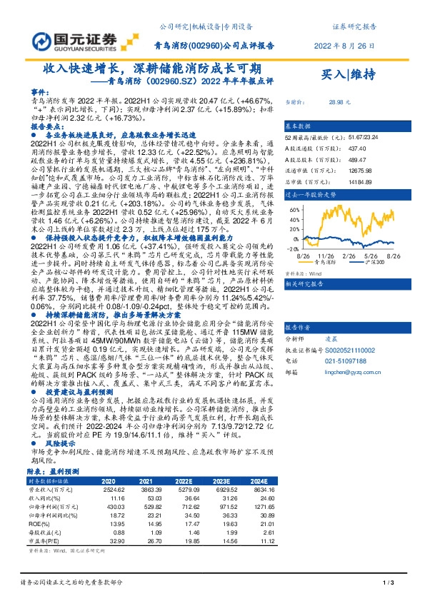 2022年半年报点评：收入快速增长，深耕储能消防成长可期