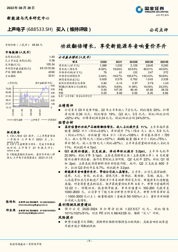 功放翻倍增长，享受新能源车音响量价齐升