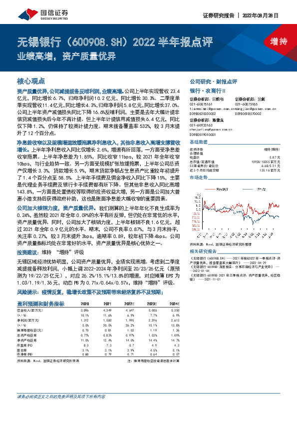 2022半年报点评：业绩高增，资产质量优异