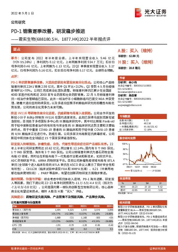 2022半年报点评：PD-1销售逐季改善，研发稳步推进